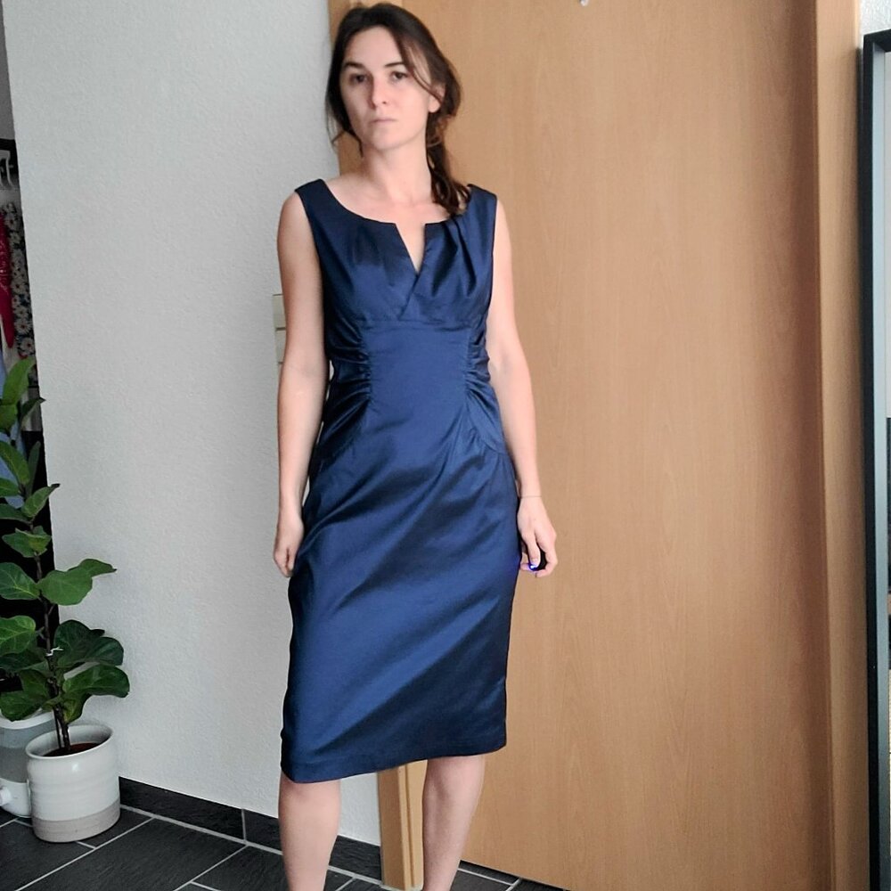 Adrianna Papell Taffeta Metallic Navy Blue Sleeveless Knee Length Evening Dress - Picture 3 of 13